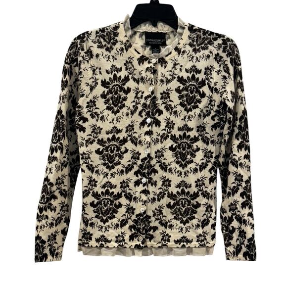 Cynthia Rowley Black & Cream Button Up 100% Merino Wool Cardigan Lace Trim: S - Picture 1 of 11